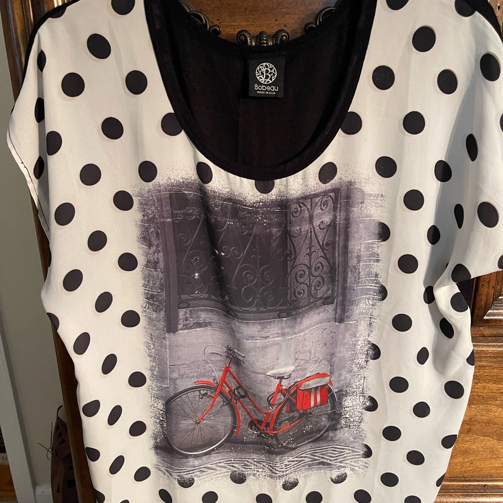 Bobeau Polka Dot Top with Red Bicycle Print